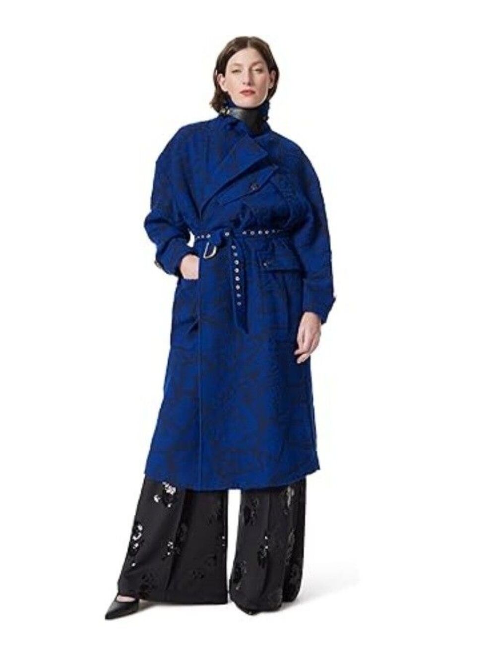 Dee Ocleppo Womens Myah Military Belted Jacquard Trench Coat Blue Sz XL Academia
